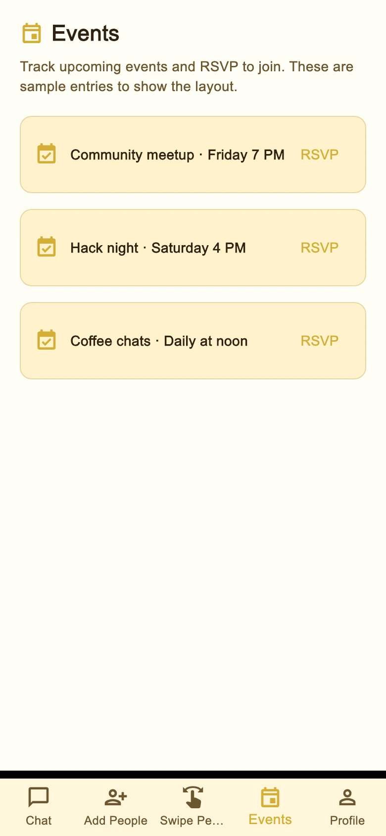Events-Bereich des aktuellen Prototyps
