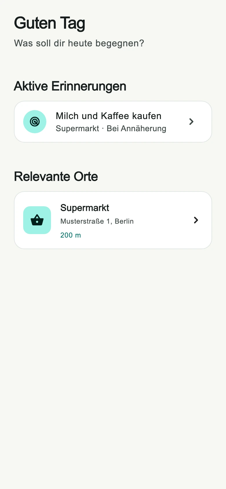 Startseite mit einer fiktiven Einkaufserinnerung
