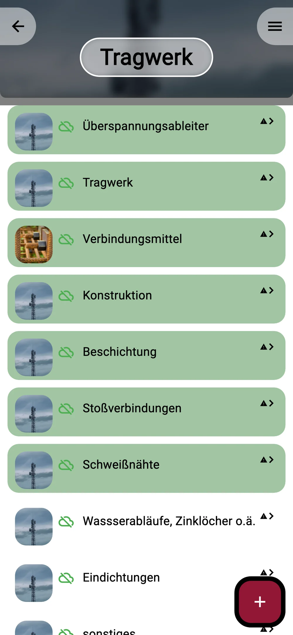 Prüfpunkte des Tragwerks aus den vorhandenen App-Vorlagen