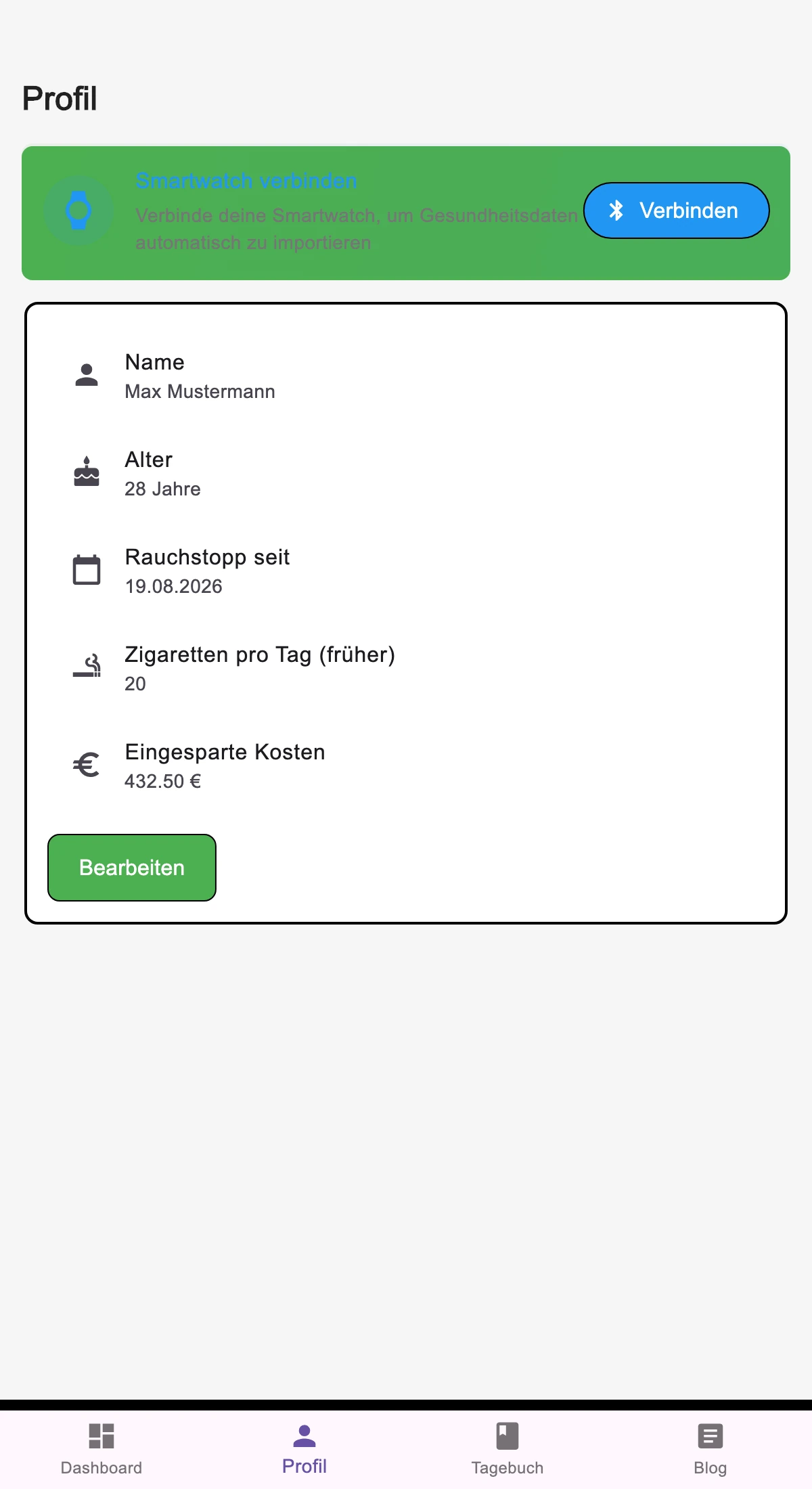 Profilbereich mit Beispielstatistiken
