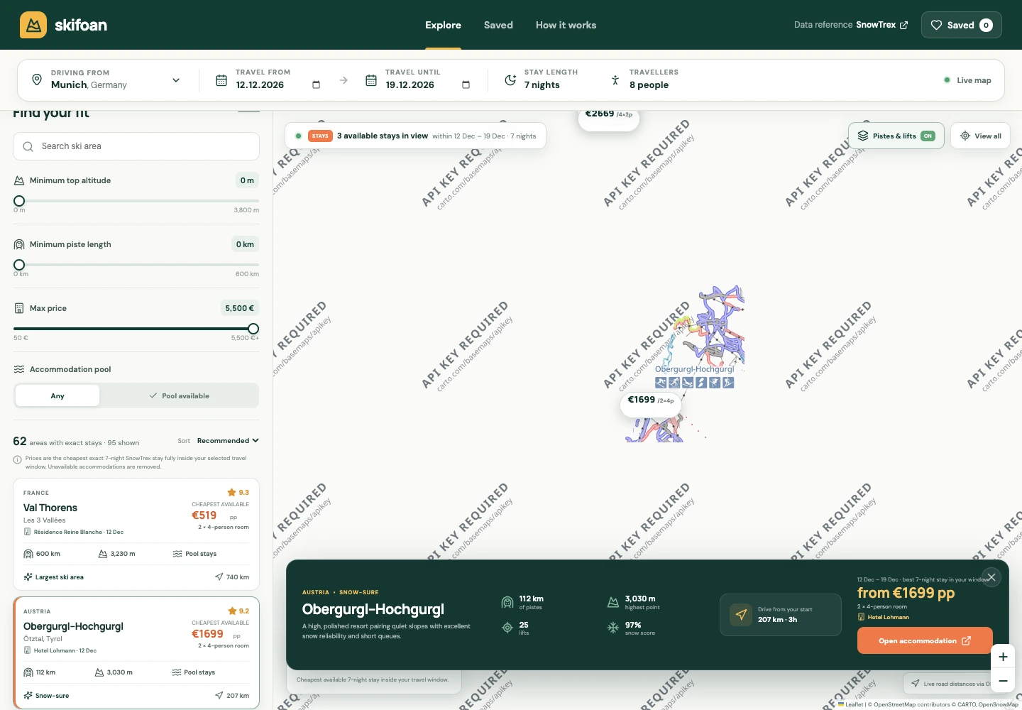 Skigebietsauswahl und Reiseplanung in der Web-Oberfläche