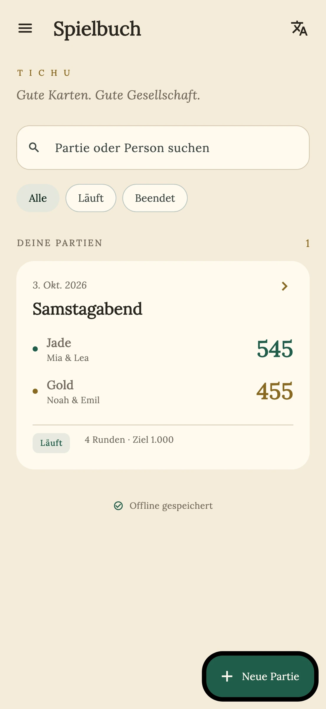 Das lokale Spielbuch mit gespeicherten Partien