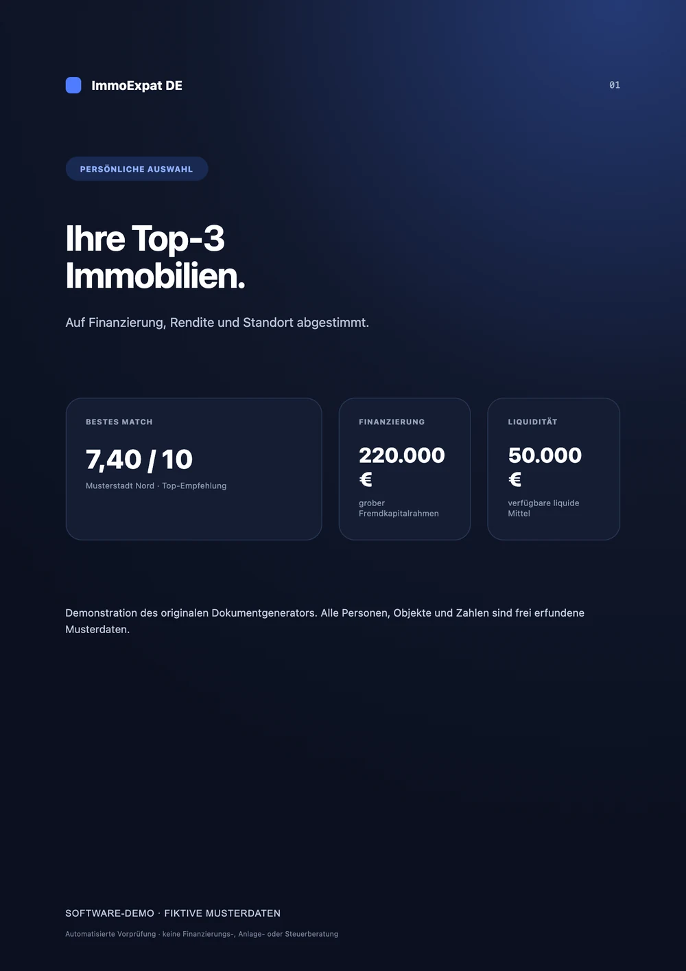 Titelblatt des ImmoExpat-Beratungsdokuments aus dem originalen Generator, deutlich als Software-Demo mit fiktiven Musterdaten gekennzeichnet.