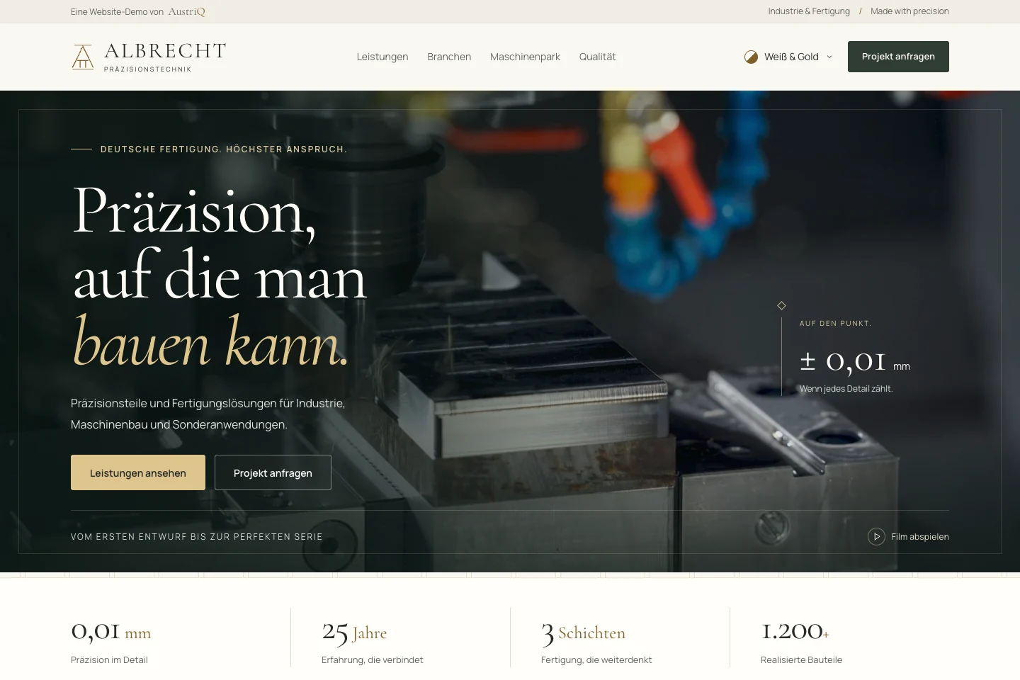 Desktop: CNC-Bildwelt und klar gegliederter Industrie-Einstieg.