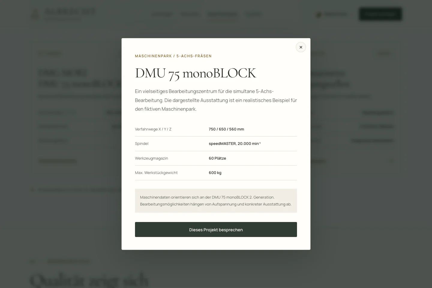 Maschinendialog mit den Beispieldaten der DMU 75 monoBLOCK.