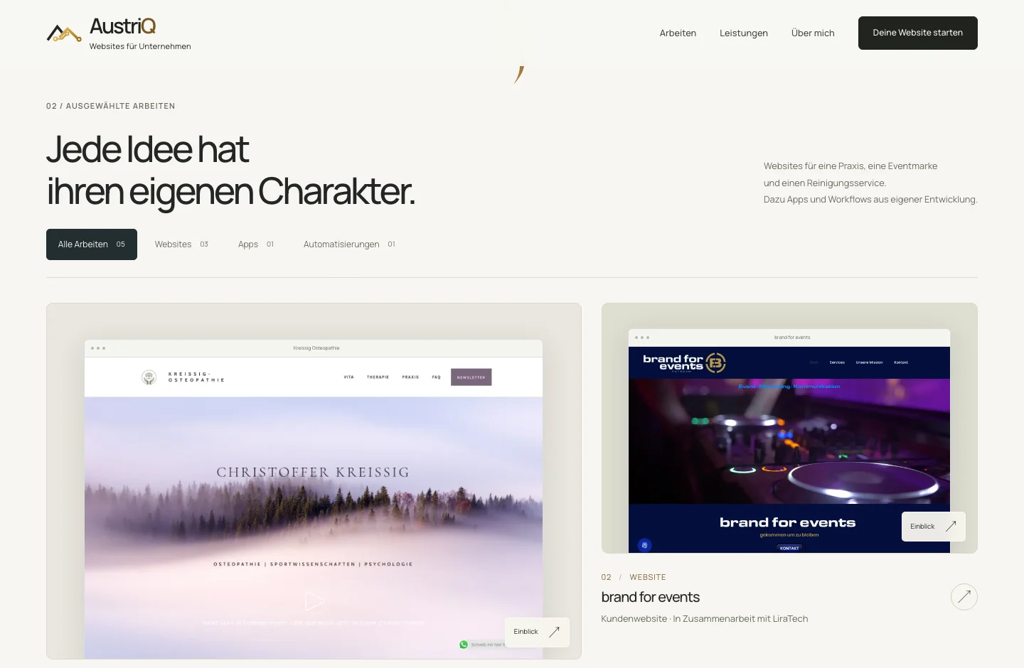 Echte Projektansichten und Filter führen die warme, ruhige Gestaltung weiter.