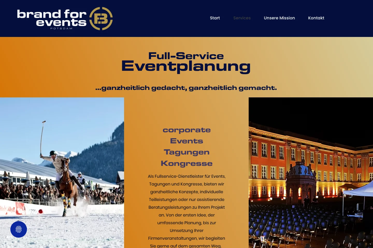 Die Services-Seite: Veranstaltungsbilder und Full-Service-Leistungen.