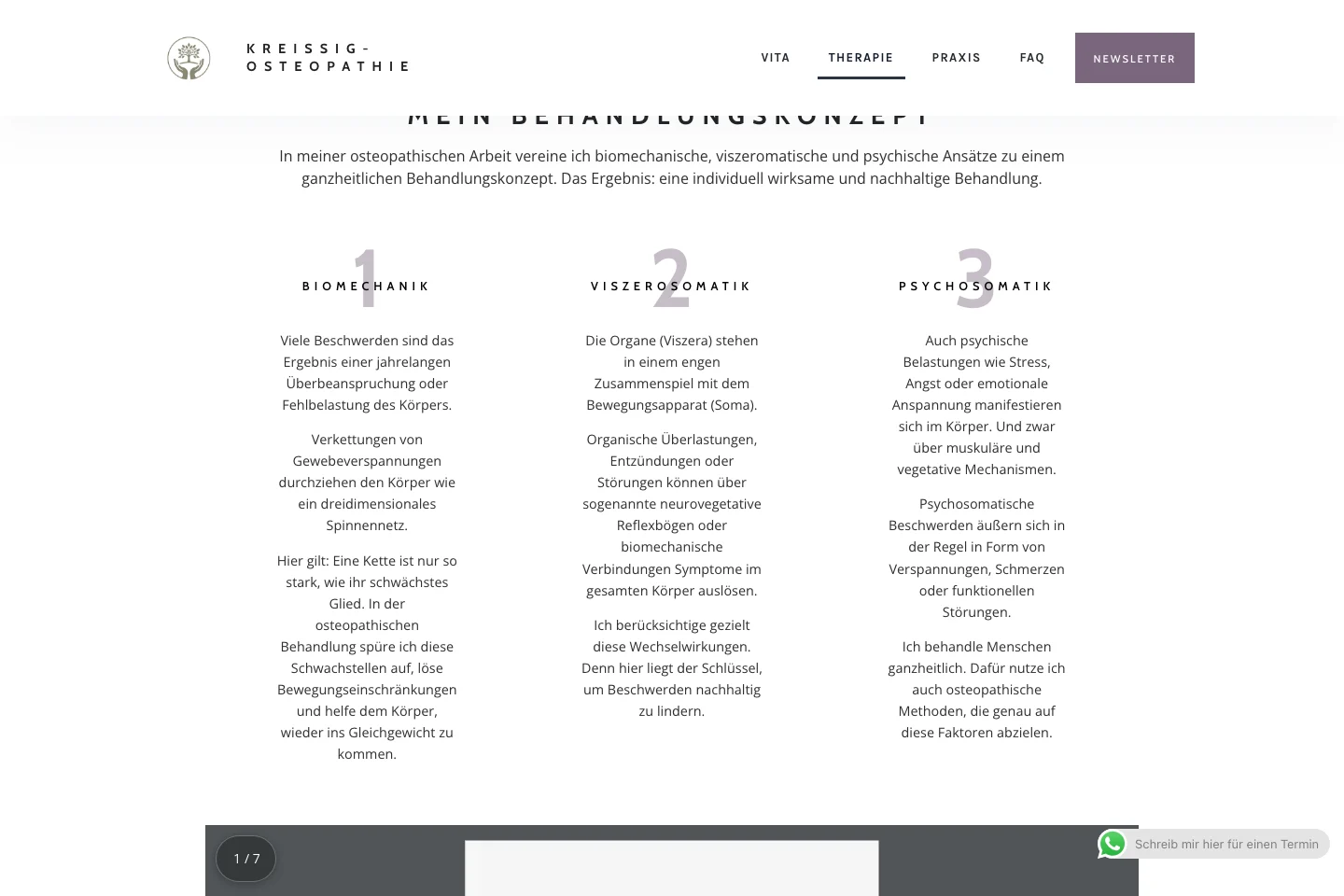 Das Behandlungskonzept: drei Säulen auf der veröffentlichten Praxiswebsite.