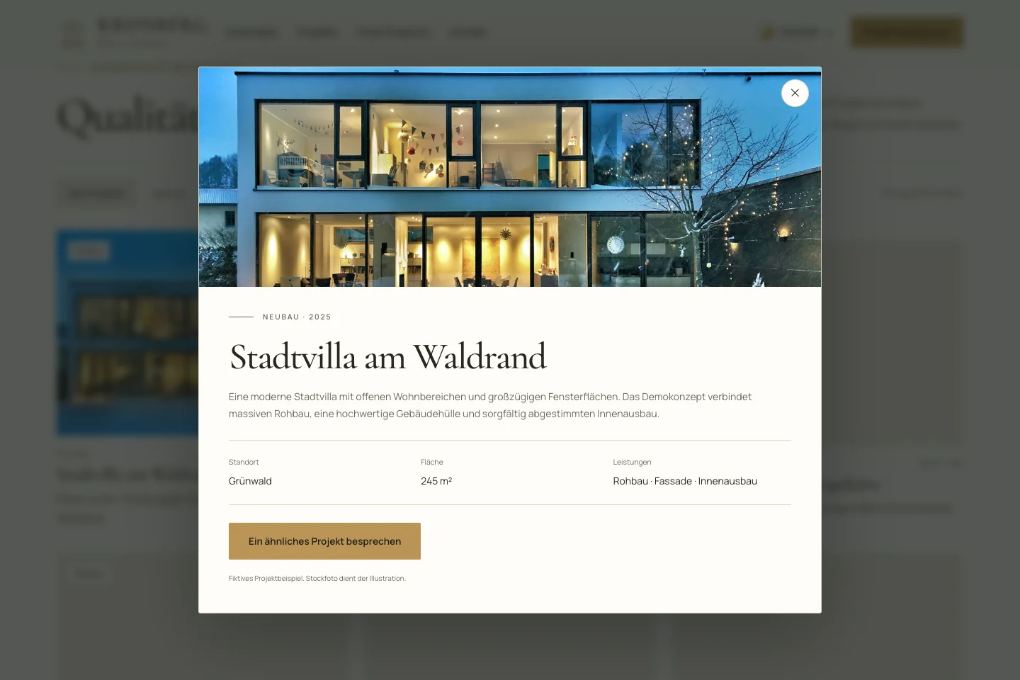 Detaildialog des fiktiven Projekts Stadtvilla am Waldrand.