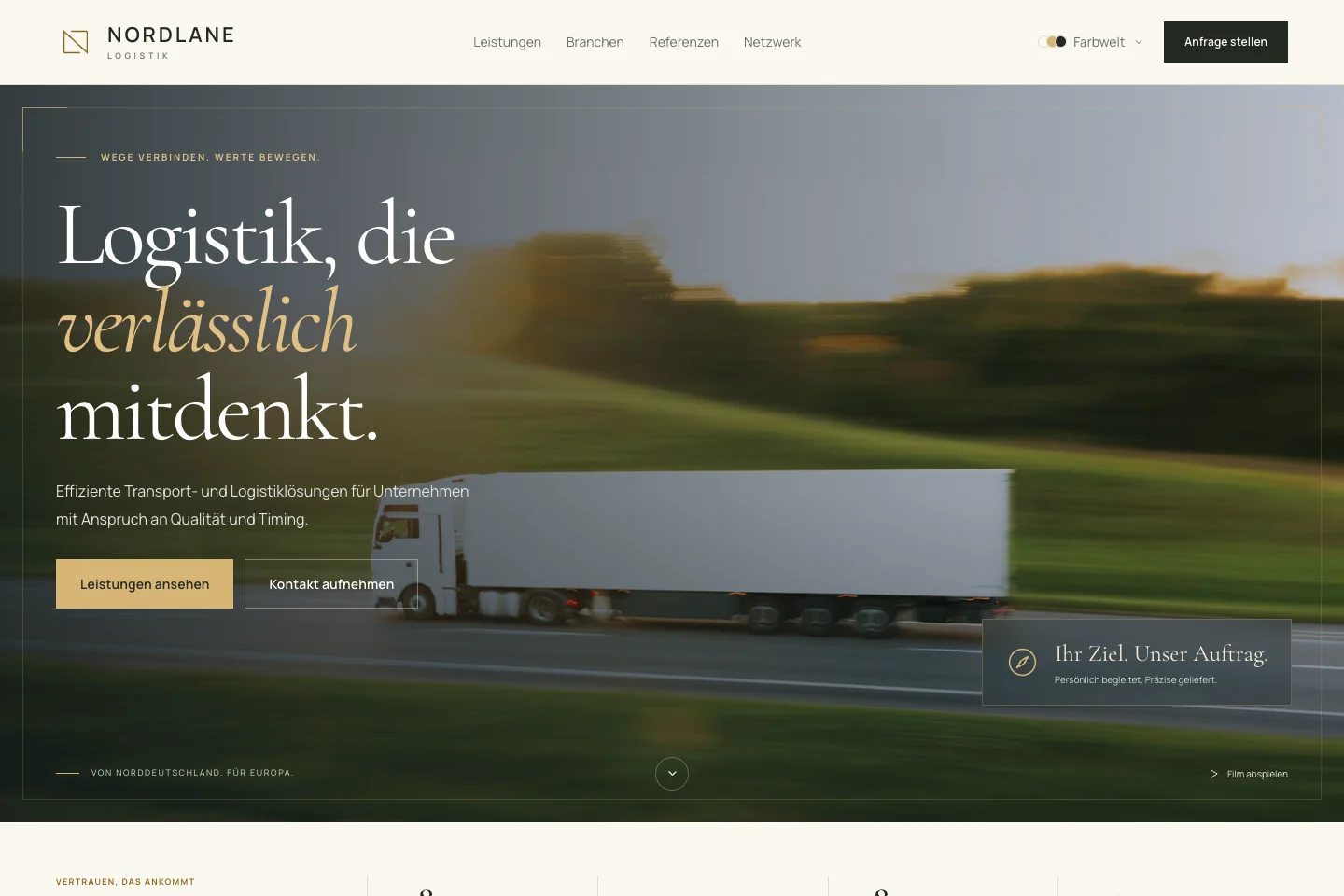 Desktop: Transport-Bildwelt und gegliederter B2B-Einstieg.