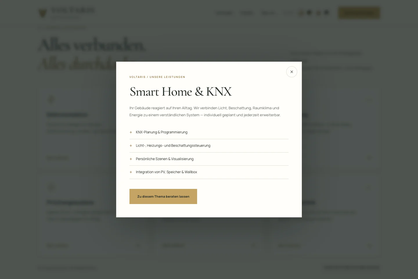 Detailansicht Smart Home & KNX mit Leistungsumfang und Anfrage-CTA.